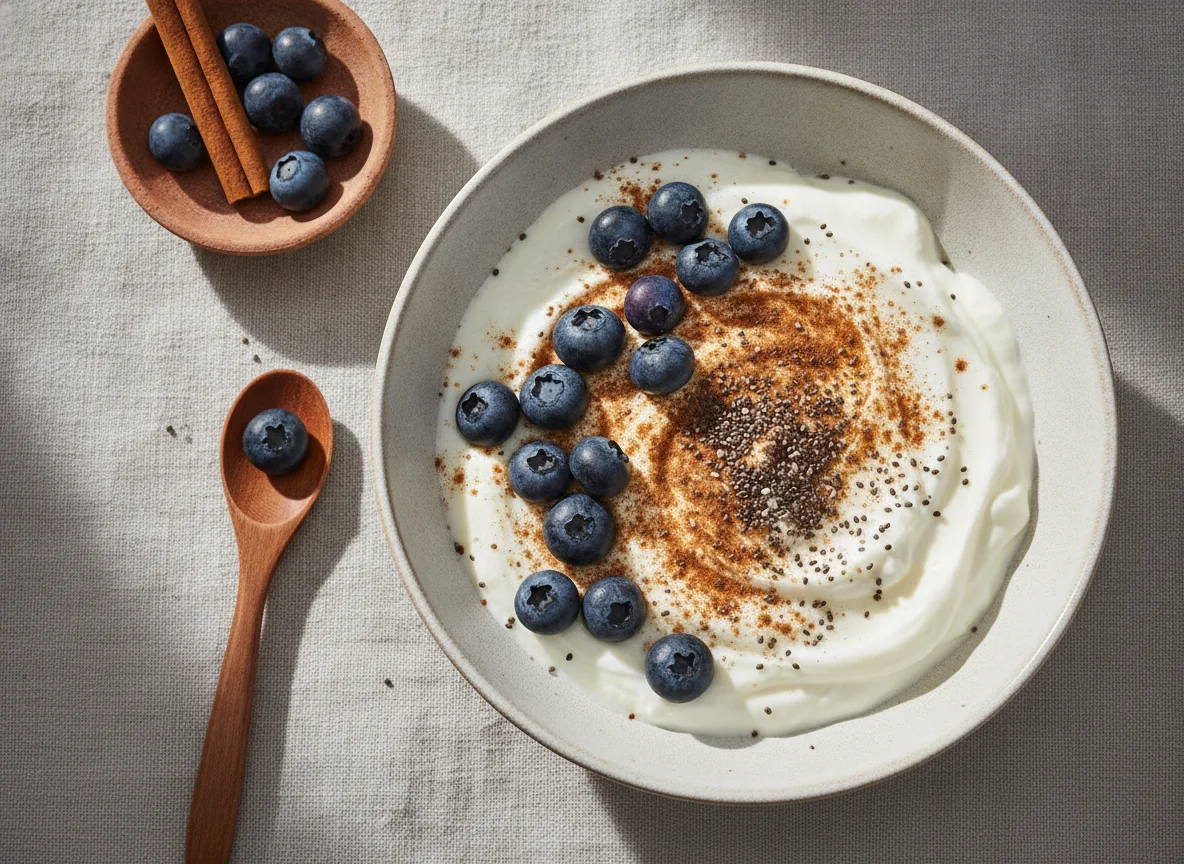 Joghurt mit Blaubeeren, Chiasamen und Zimt photo