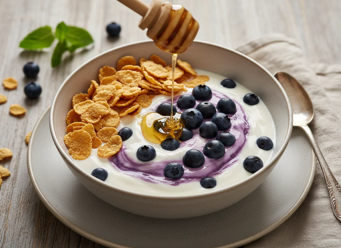 Joghurt mit Blaubeeren, Müsli und Honig photo