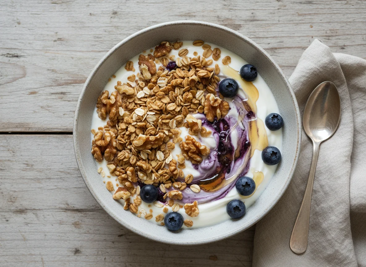 Joghurt mit Blaubeeren, Müsli, Walnüssen und Honig photo