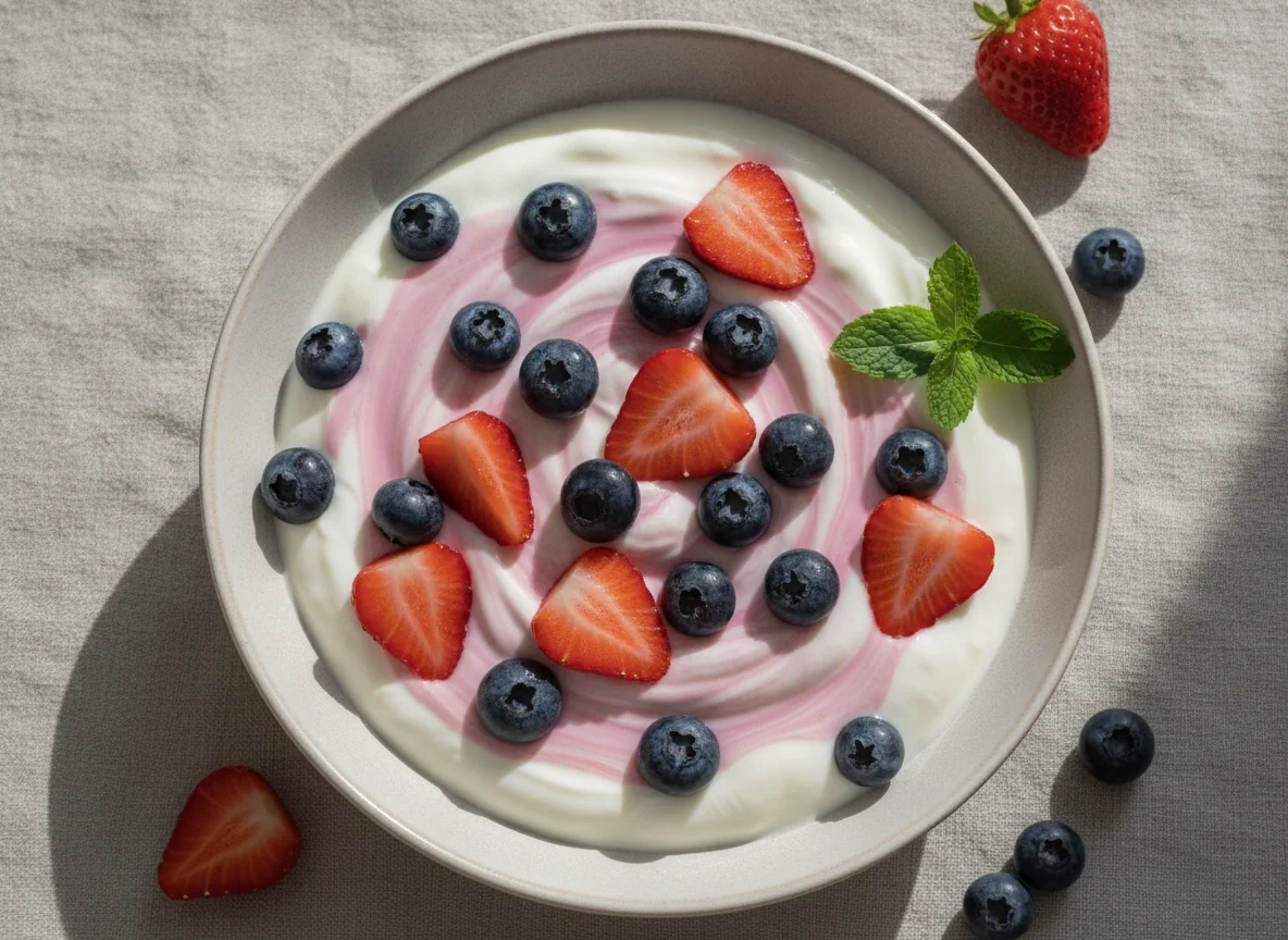 Joghurt mit Blaubeeren und Erdbeeren photo