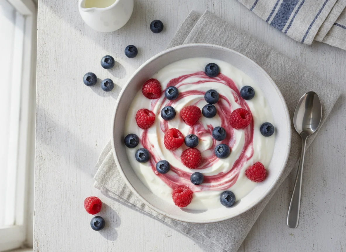 Joghurt mit Blaubeeren und Himbeeren photo