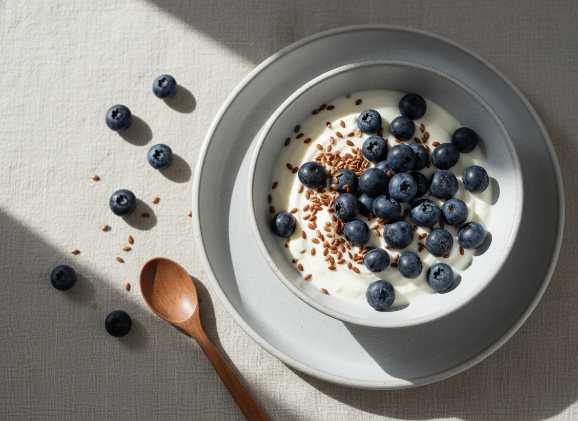Joghurt mit Blaubeeren und Leinsamen photo