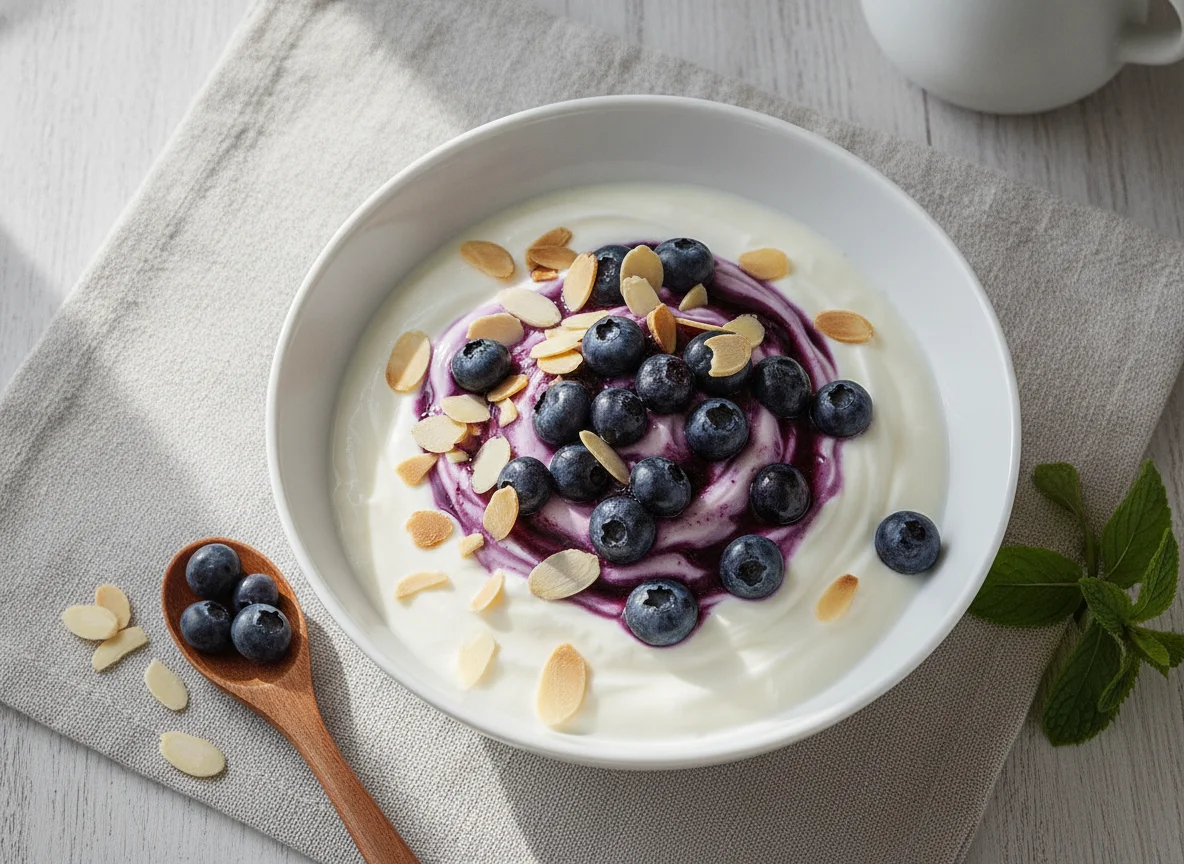 Joghurt mit Blaubeeren und Mandeln photo