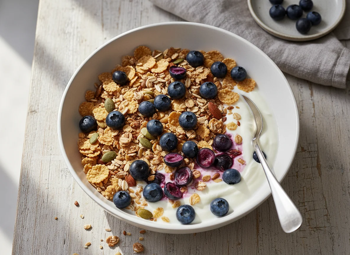 Joghurt mit Blaubeeren und Müsli photo