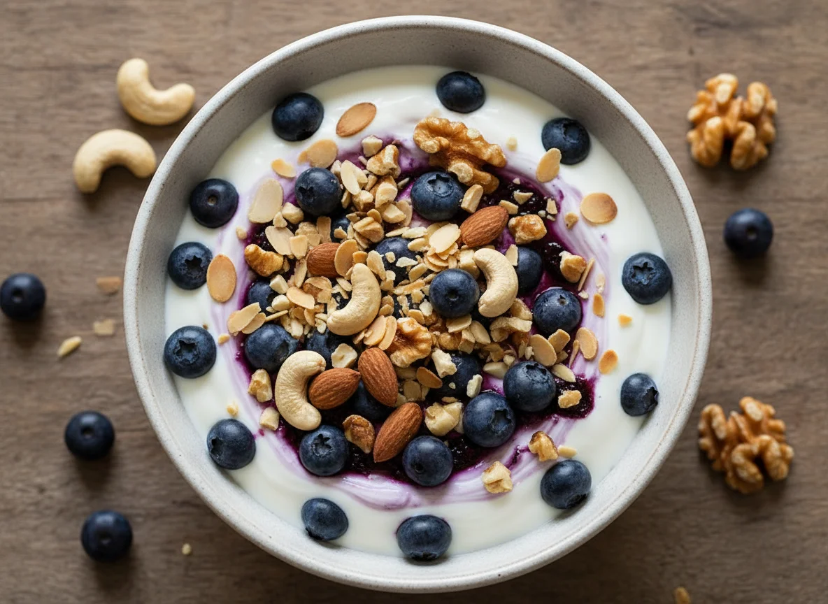 Joghurt mit Blaubeeren und Nüssen photo