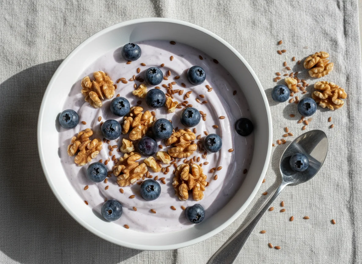 Joghurt mit Blaubeeren, Walnüssen und Leinsamen photo