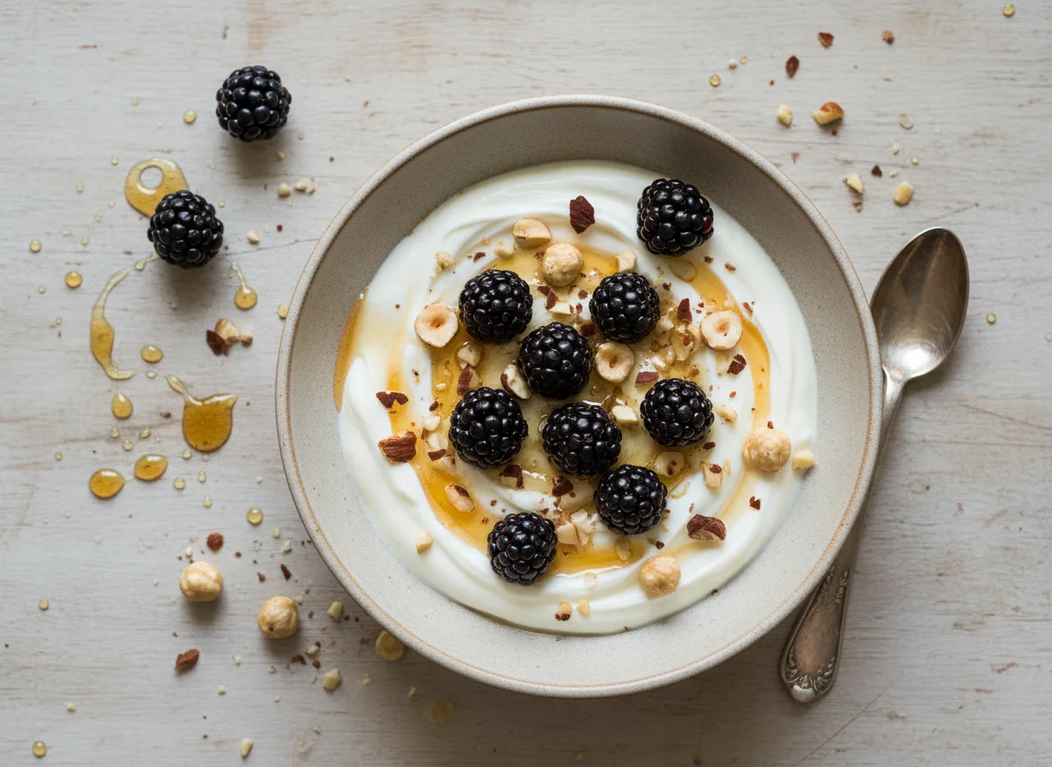 Joghurt mit Brombeeren, Haselnüssen und Honig photo