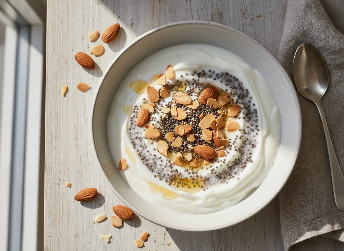 Joghurt mit Chiasamen und Mandel photo