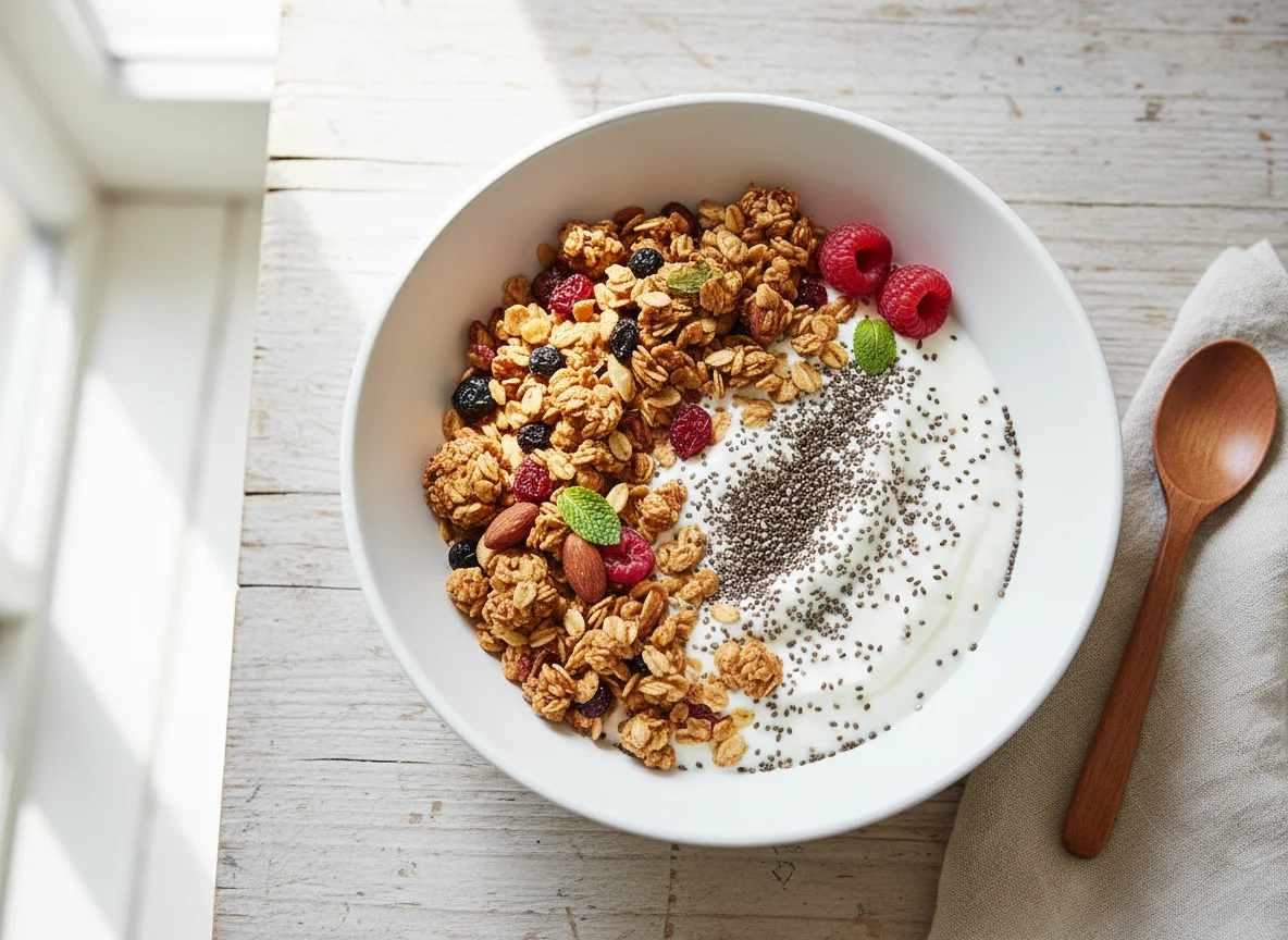 Joghurt mit Chiasamen und Müsli photo
