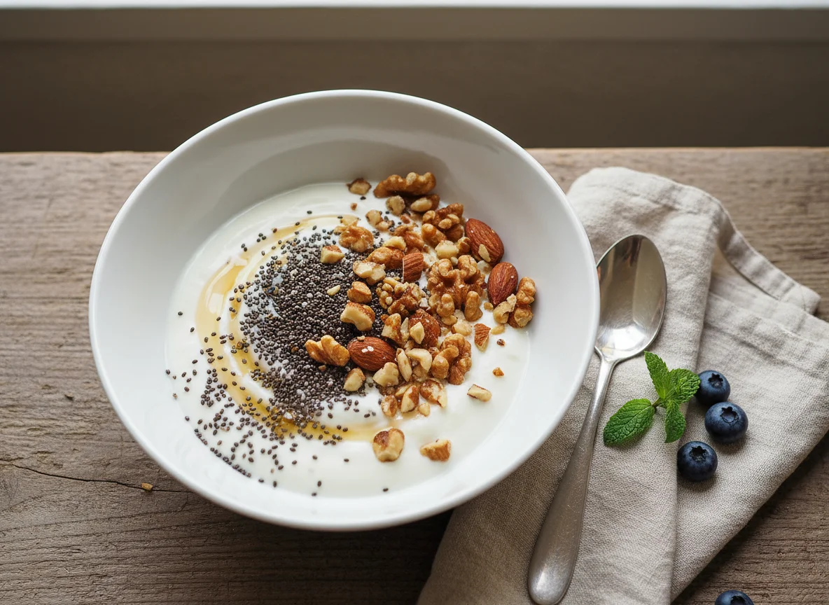 Joghurt mit Chiasamen und Nüssen photo