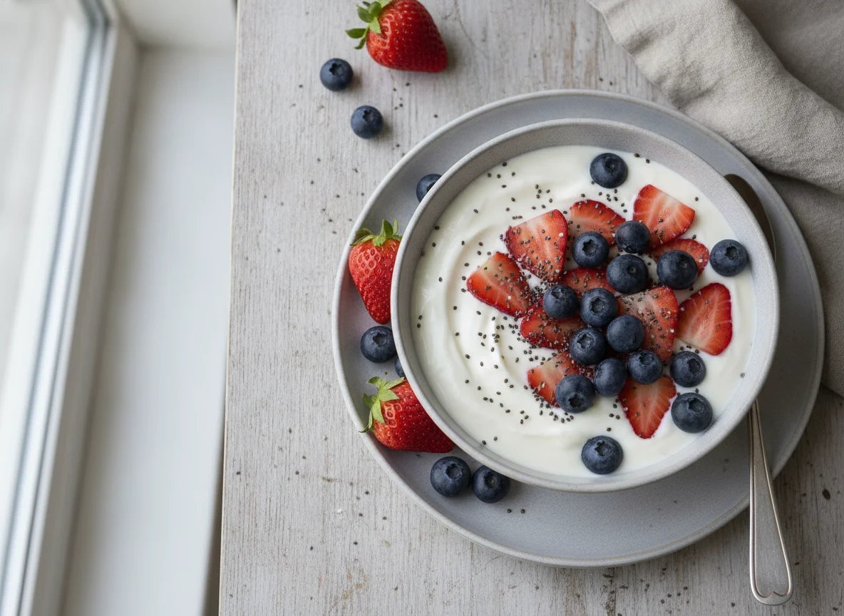 Joghurt mit Erdbeeren, Blaubeeren und Chiasamen photo