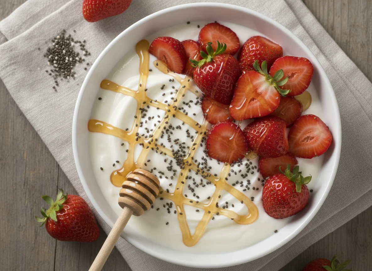 Joghurt mit Erdbeeren, Chiasamen und Honig photo
