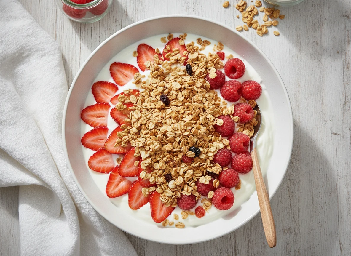 Joghurt mit Erdbeeren, Himbeeren und Müsli photo