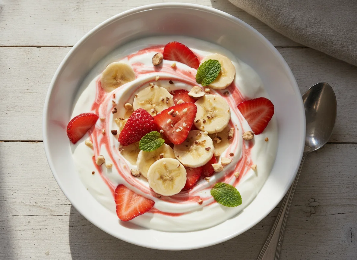 Joghurt mit Erdbeeren und Bananen photo