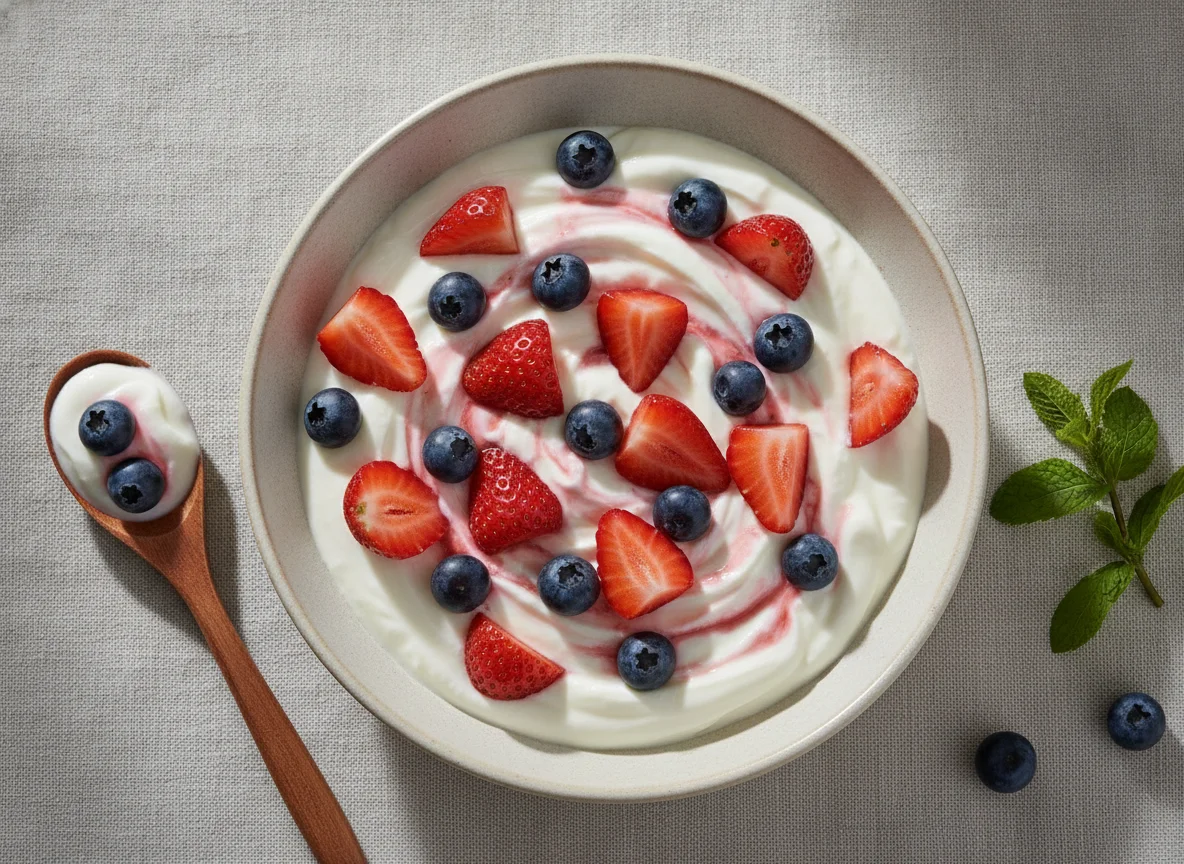 Joghurt mit Erdbeeren und Blaubeeren photo