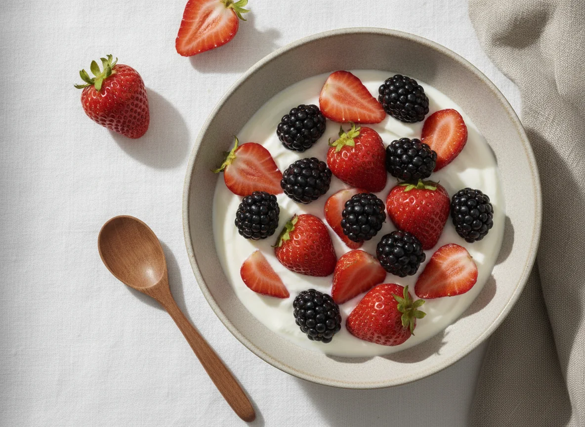 Joghurt mit Erdbeeren und Brombeeren photo