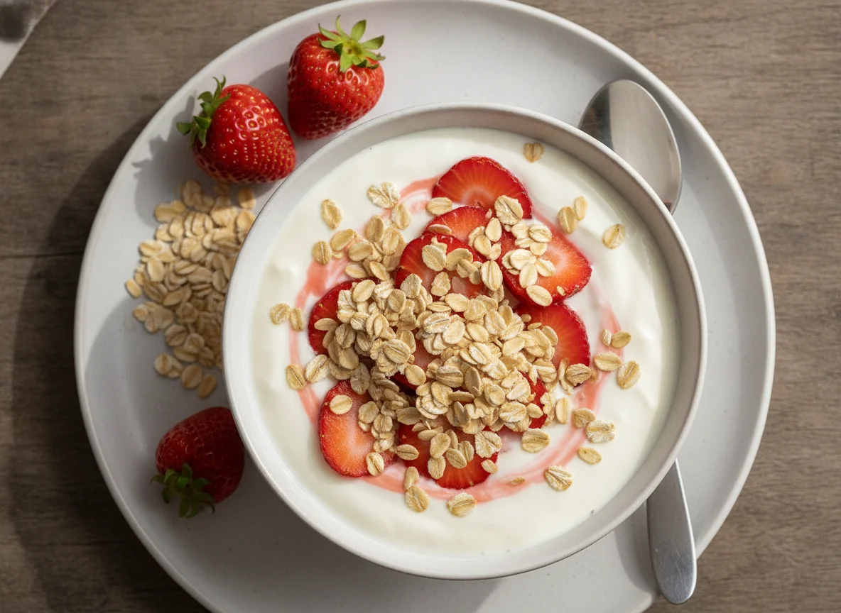 Joghurt mit Erdbeeren und Haferflocken photo