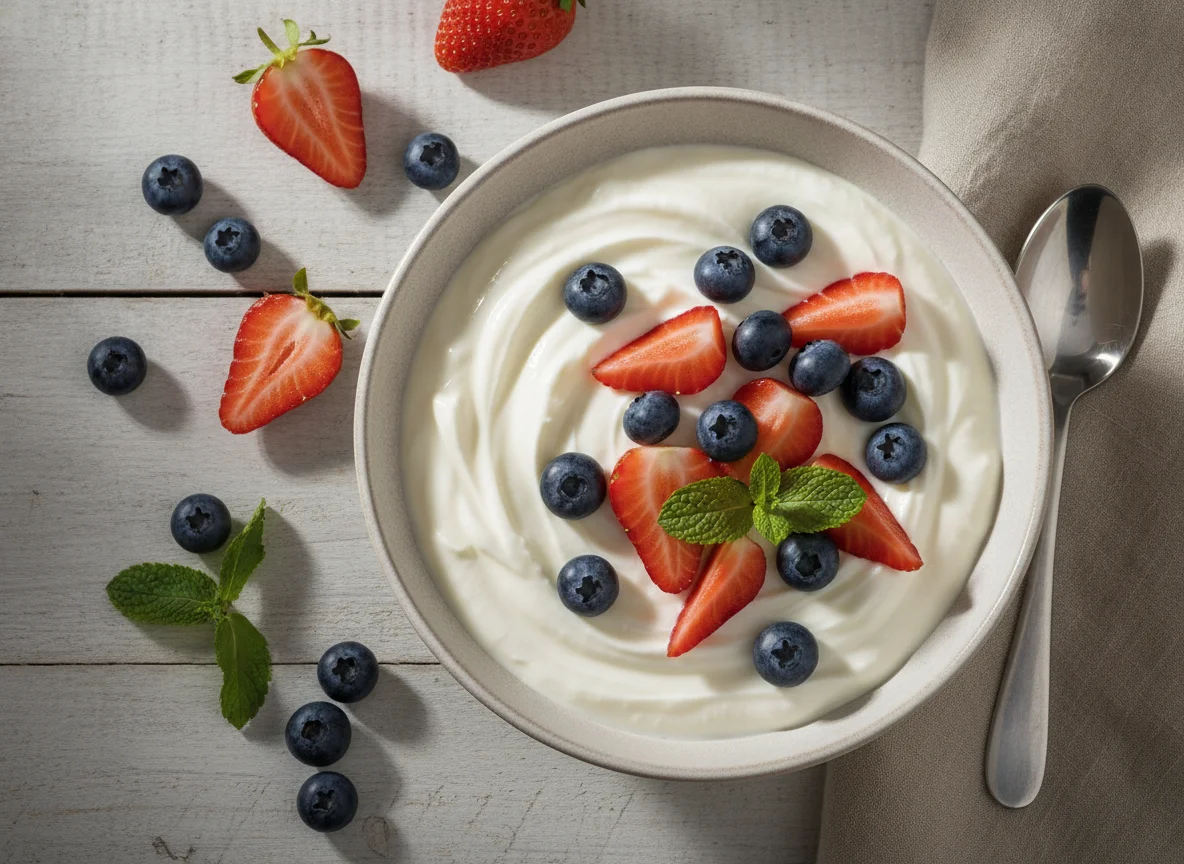 Joghurt mit Erdbeeren und Heidelbeeren photo