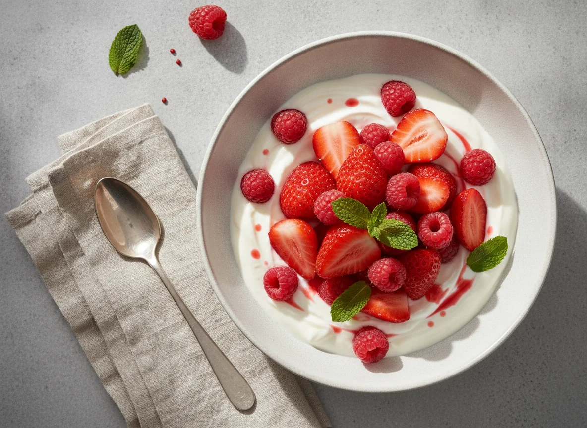 Joghurt mit Erdbeeren und Himbeeren photo