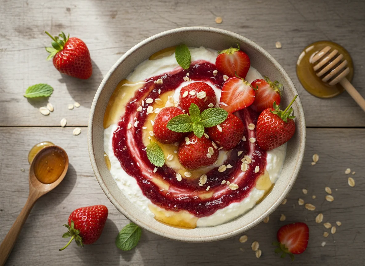 Joghurt mit Erdbeeren und Honig photo