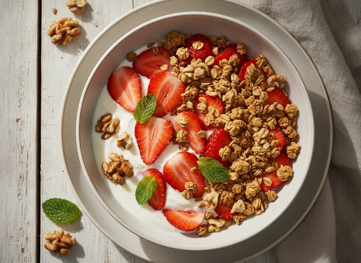 Joghurt mit Erdbeeren und Knuspermüsli photo