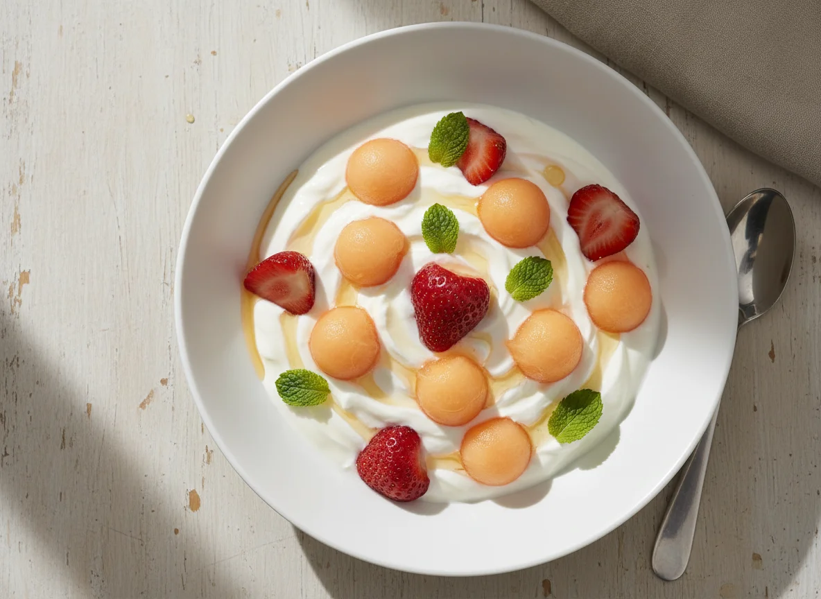 Joghurt mit Erdbeeren und Melone photo