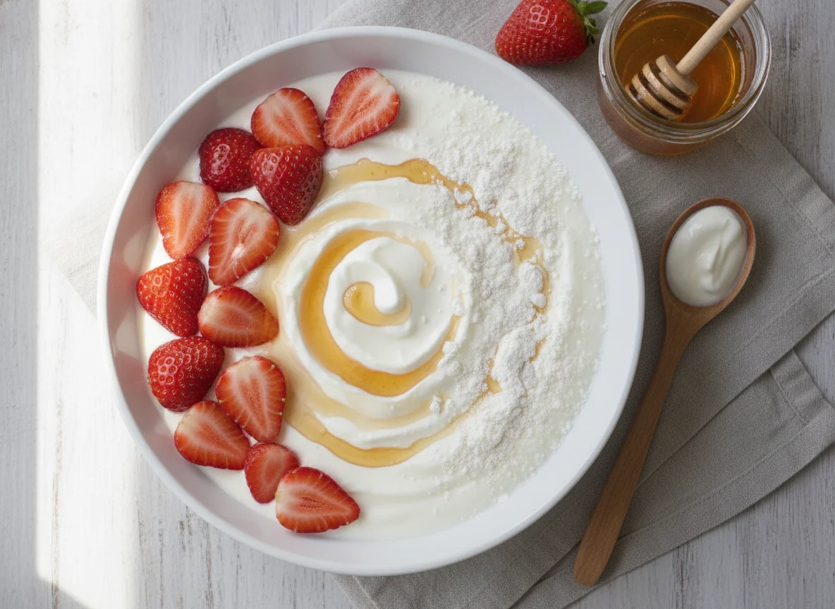 Joghurt mit Erdbeeren und Proteinpulver photo