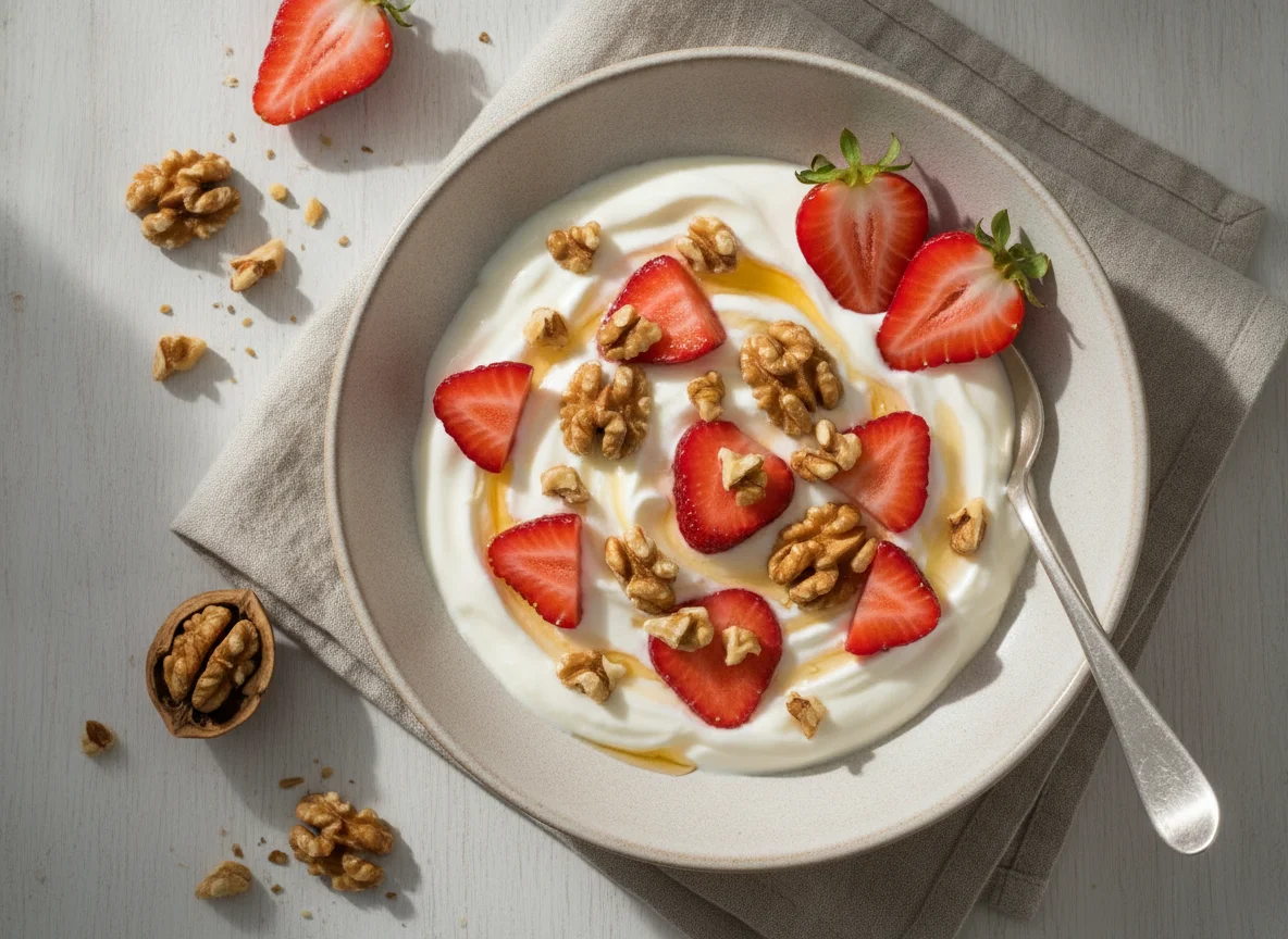 Joghurt mit Erdbeeren und Walnüssen photo