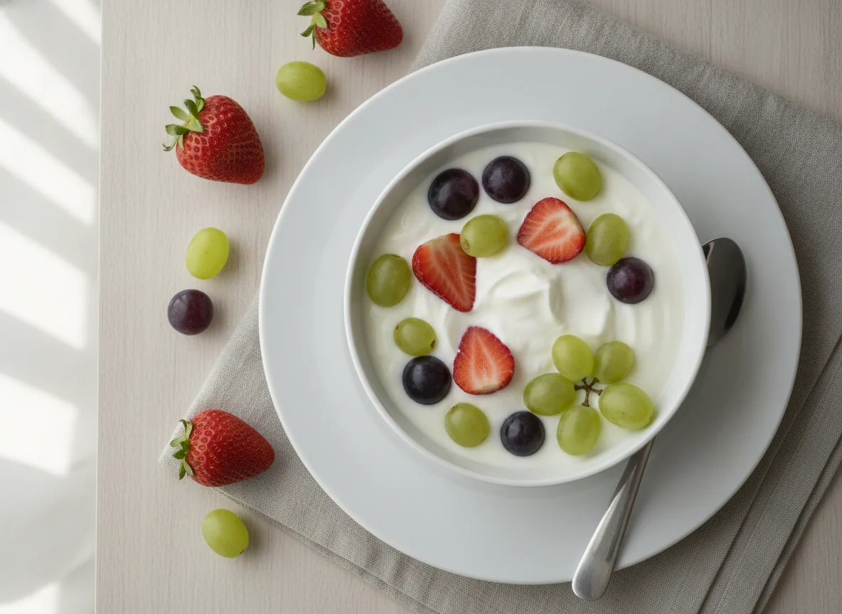 Joghurt mit Erdbeeren und Weintrauben photo