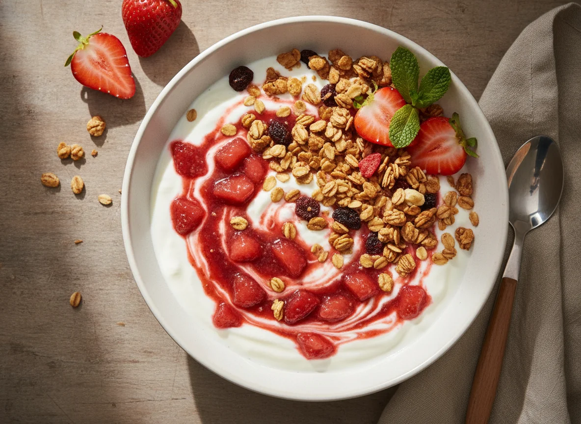 Joghurt mit Erdbeersauce und Müsli photo