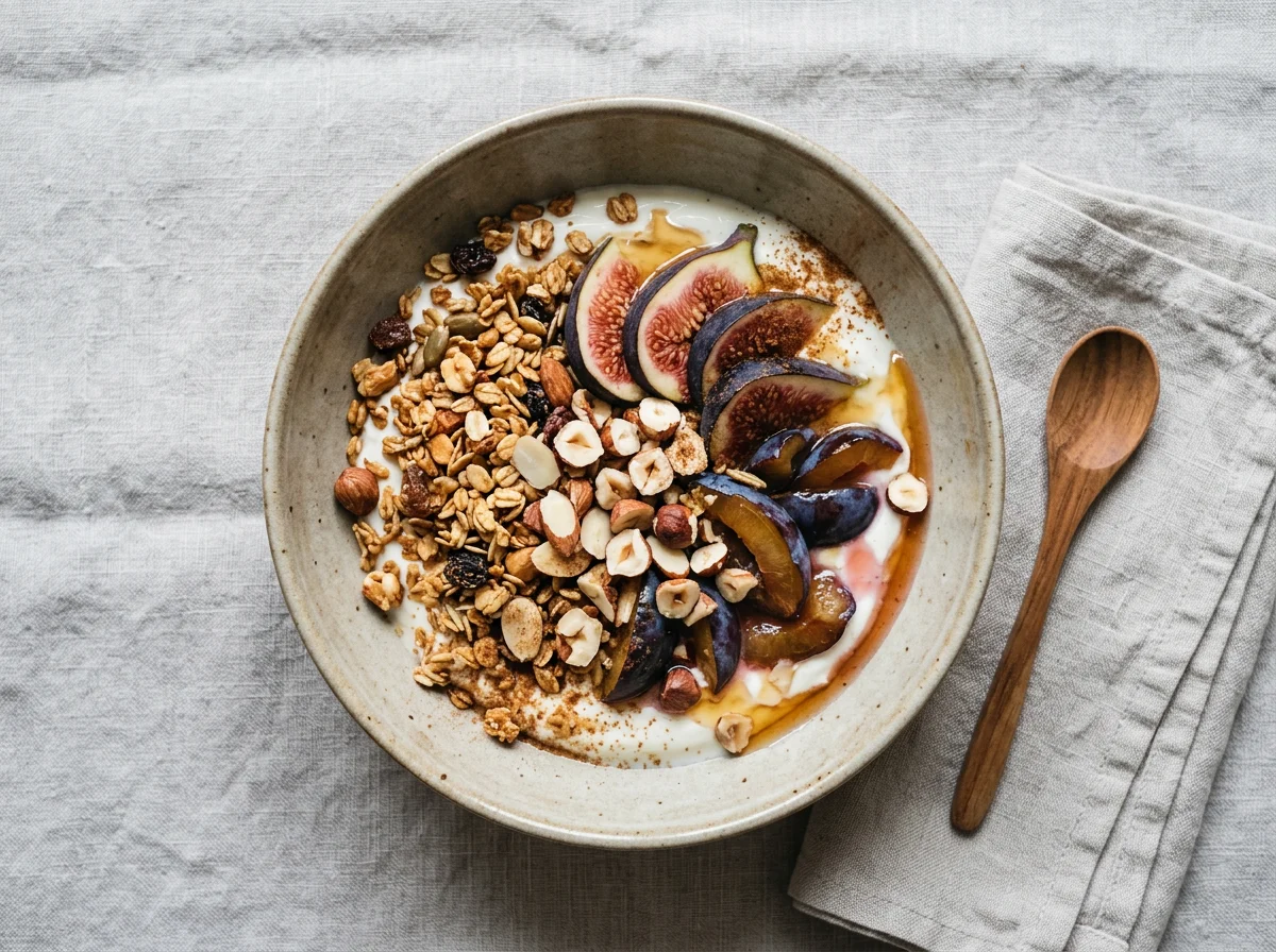 Joghurt mit Feigen, Pflaumen und Müsli photo