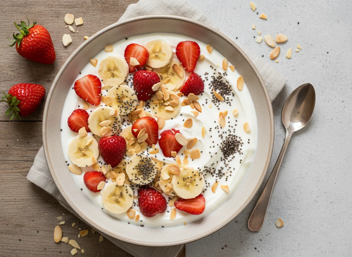 Joghurt mit Früchten, Chiasamen und Mandeln photo