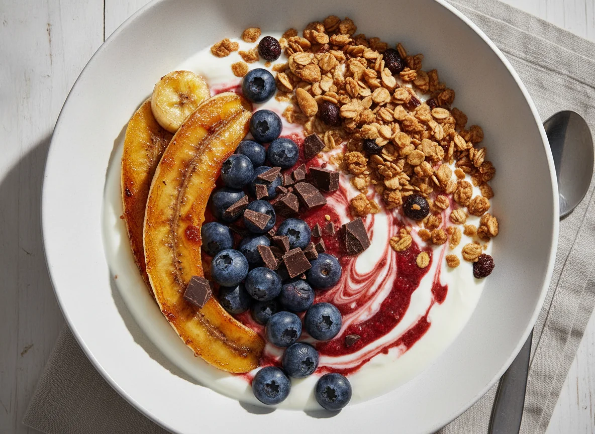 Joghurt mit Früchten, Granola und Schokostückchen photo