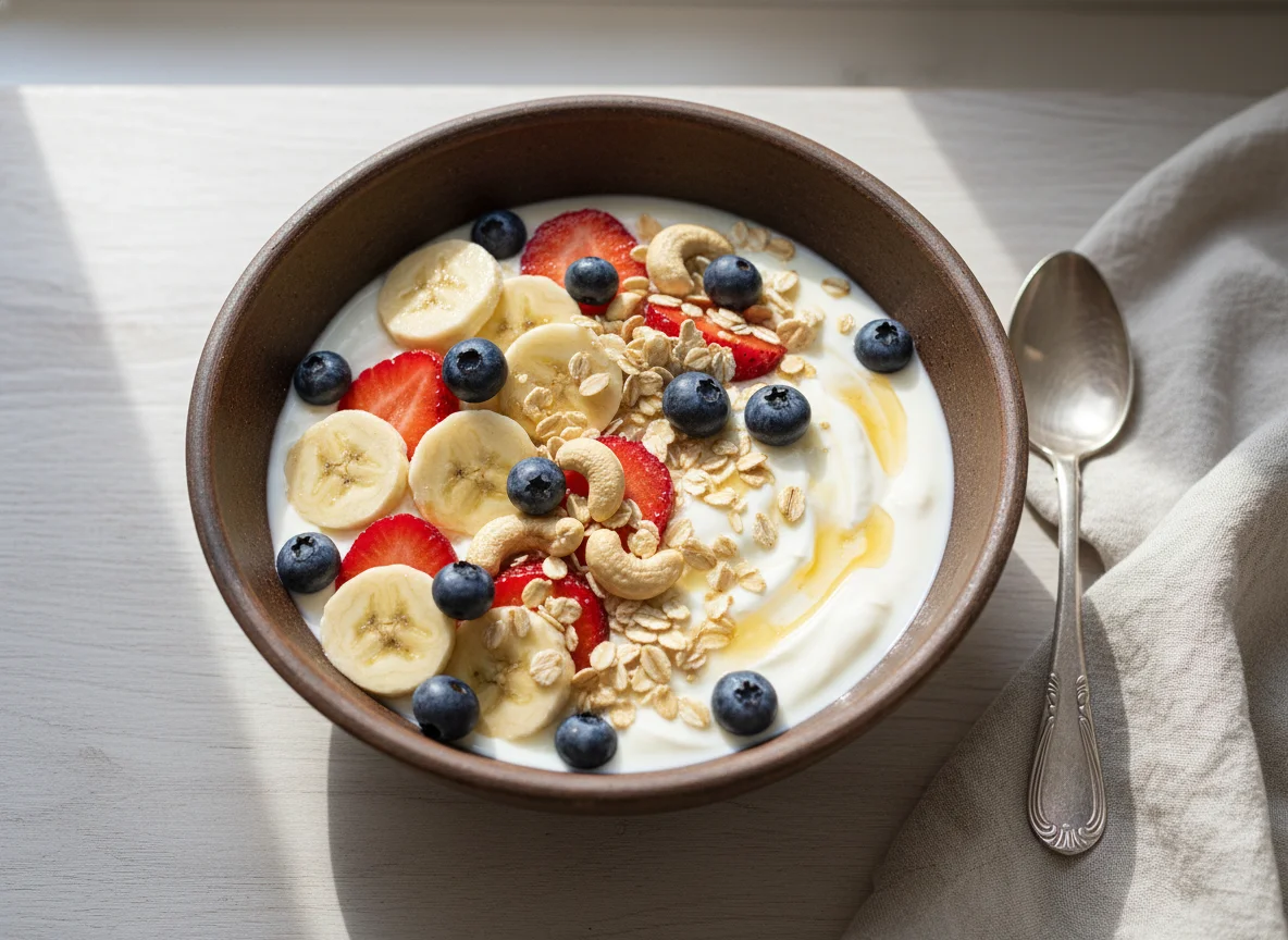 Joghurt mit Früchten, Haferflocken und Nüssen photo
