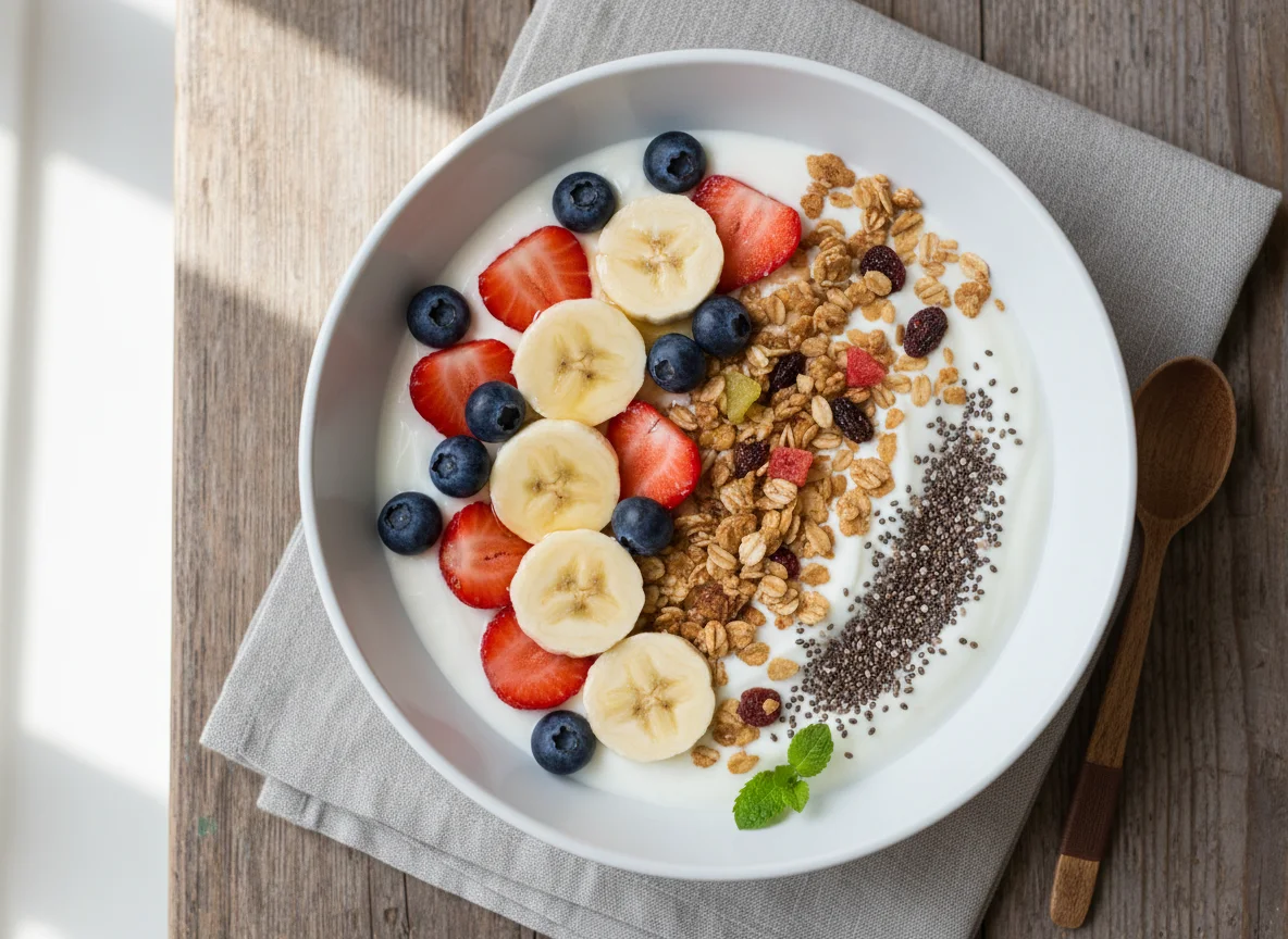 Joghurt mit Früchten, Müsli und Chiasamen photo