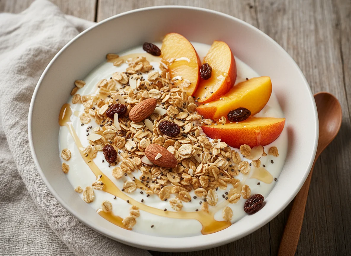 Joghurt mit Früchten, Müsli und Nüssen photo