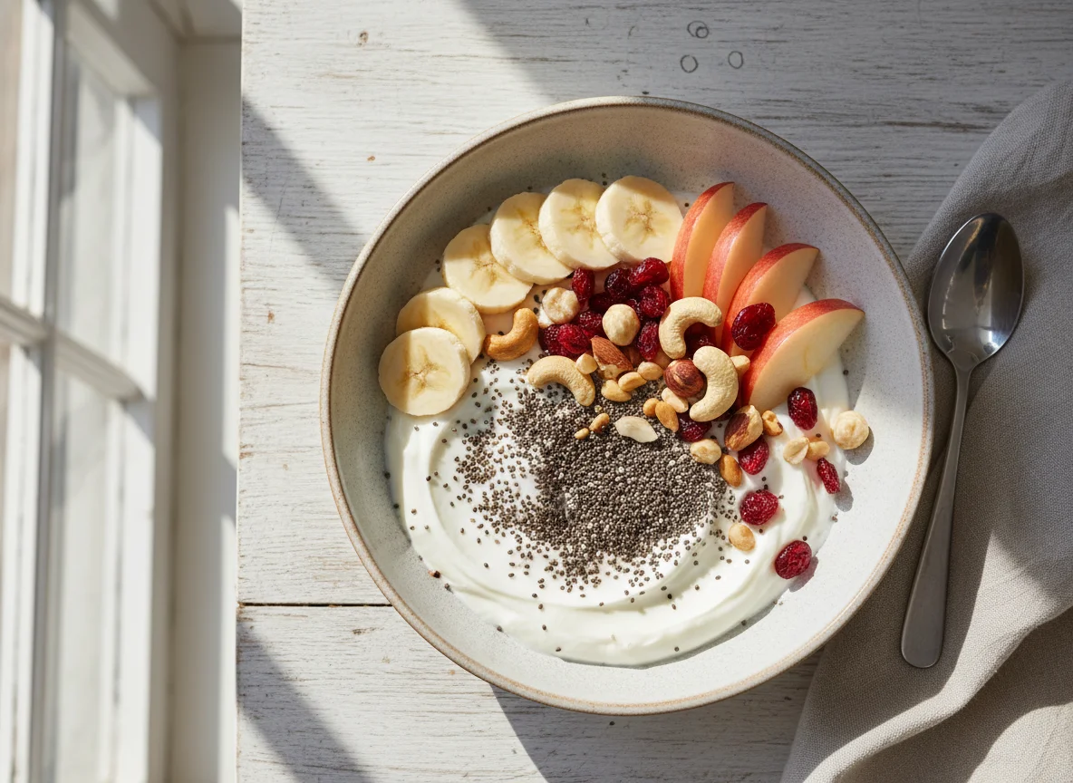 Joghurt mit Früchten, Nüssen und Chiasamen photo
