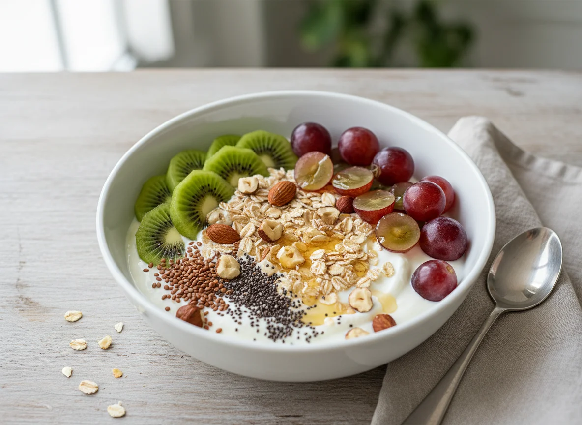 Joghurt mit Früchten, Nüssen und Haferflocken photo