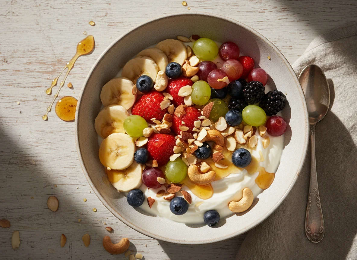 Joghurt mit Früchten, Nüssen und Honig photo