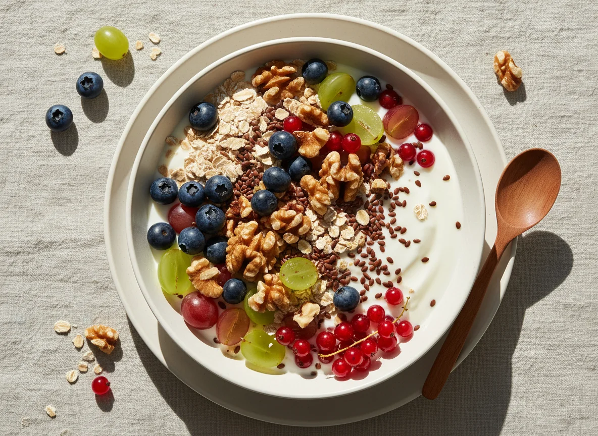 Joghurt mit Früchten, Nüssen und Samen photo