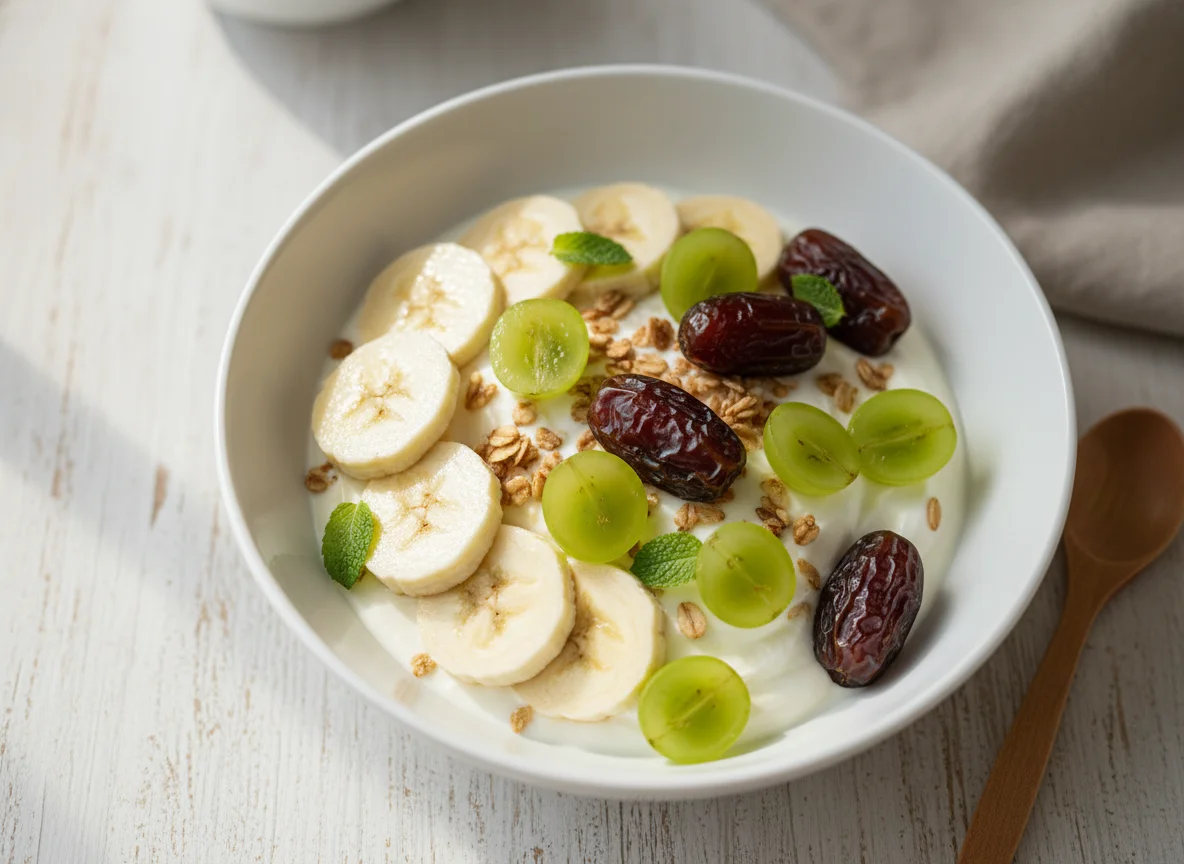 Joghurt mit Früchten und Datteln photo