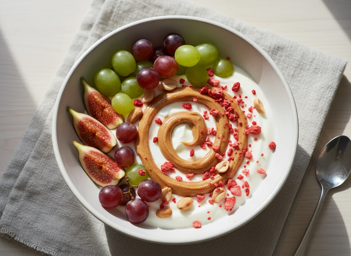 Joghurt mit Früchten und Erdnussbutter photo
