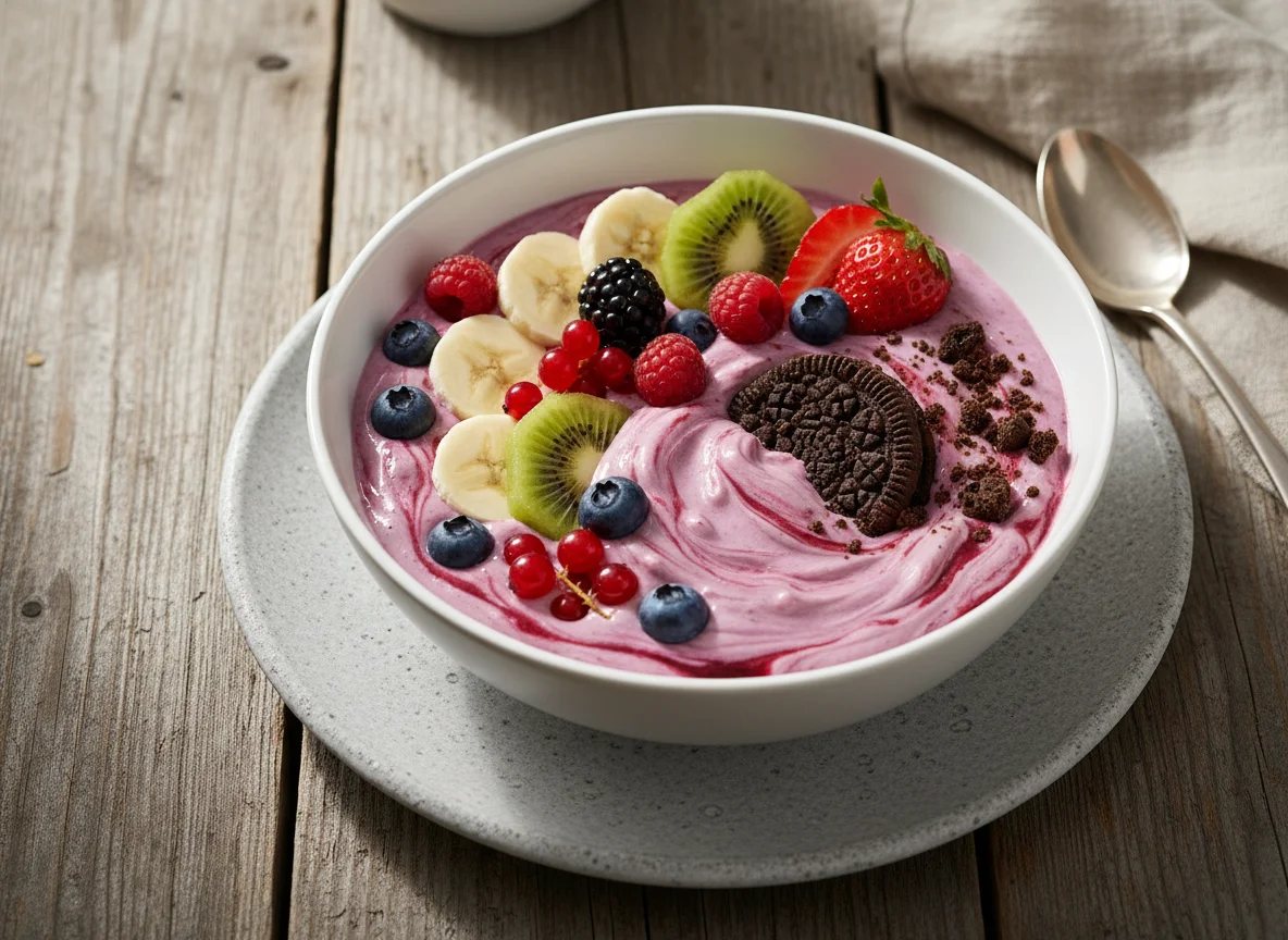 Joghurt mit Früchten und Keks photo