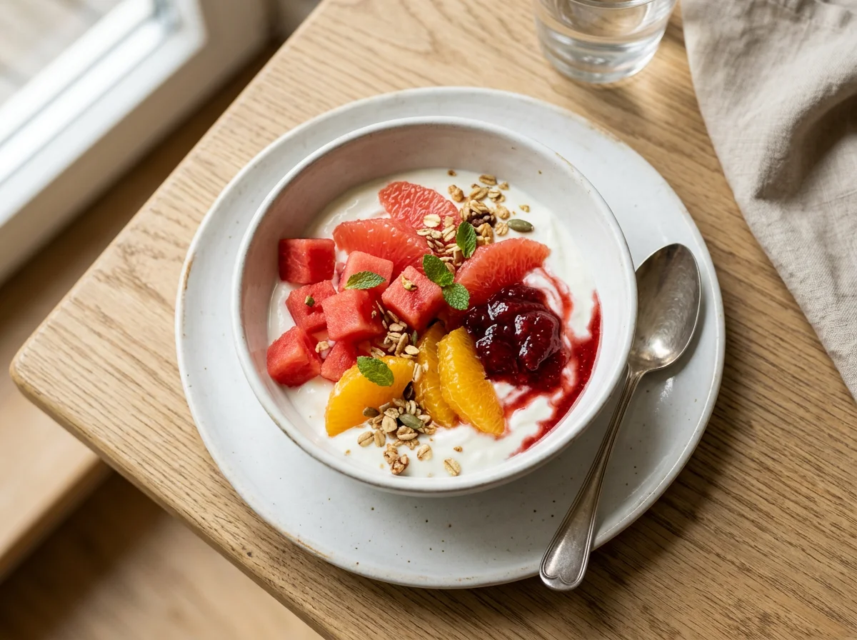 Joghurt mit Früchten und Marmelade photo