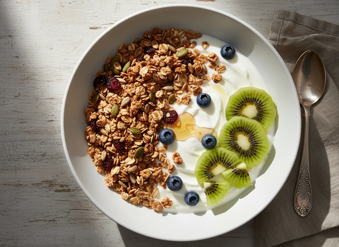 Joghurt mit Früchten und Müsli photo