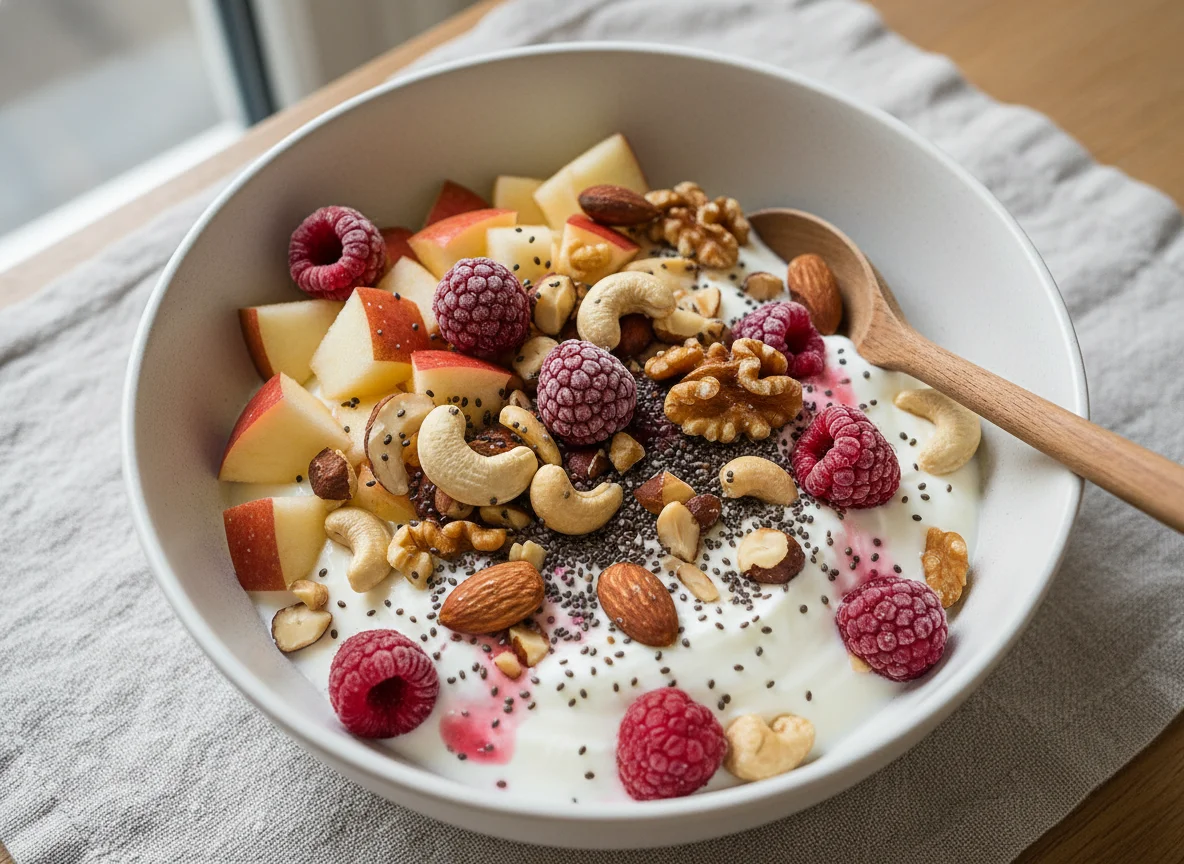 Joghurt mit Früchten und Nüssen photo