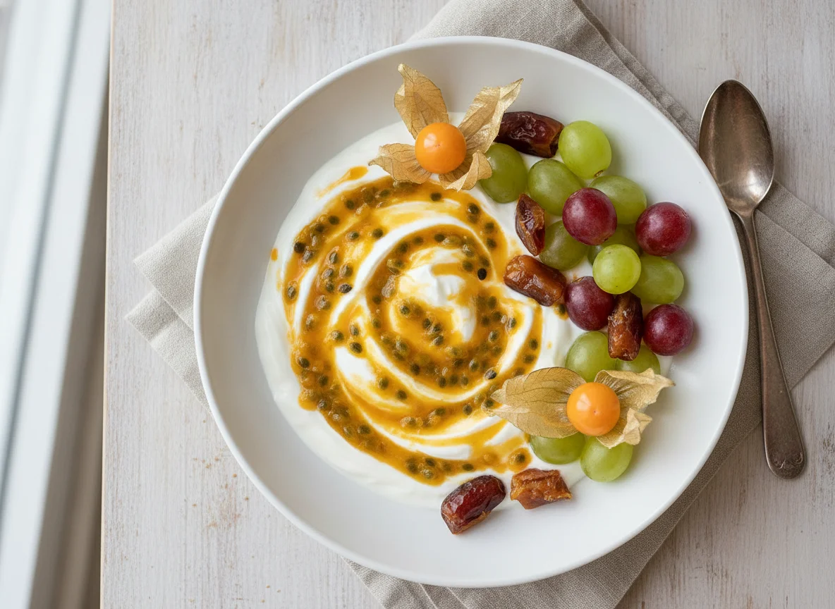 Joghurt mit Früchten und Passionsfruchtsauce photo