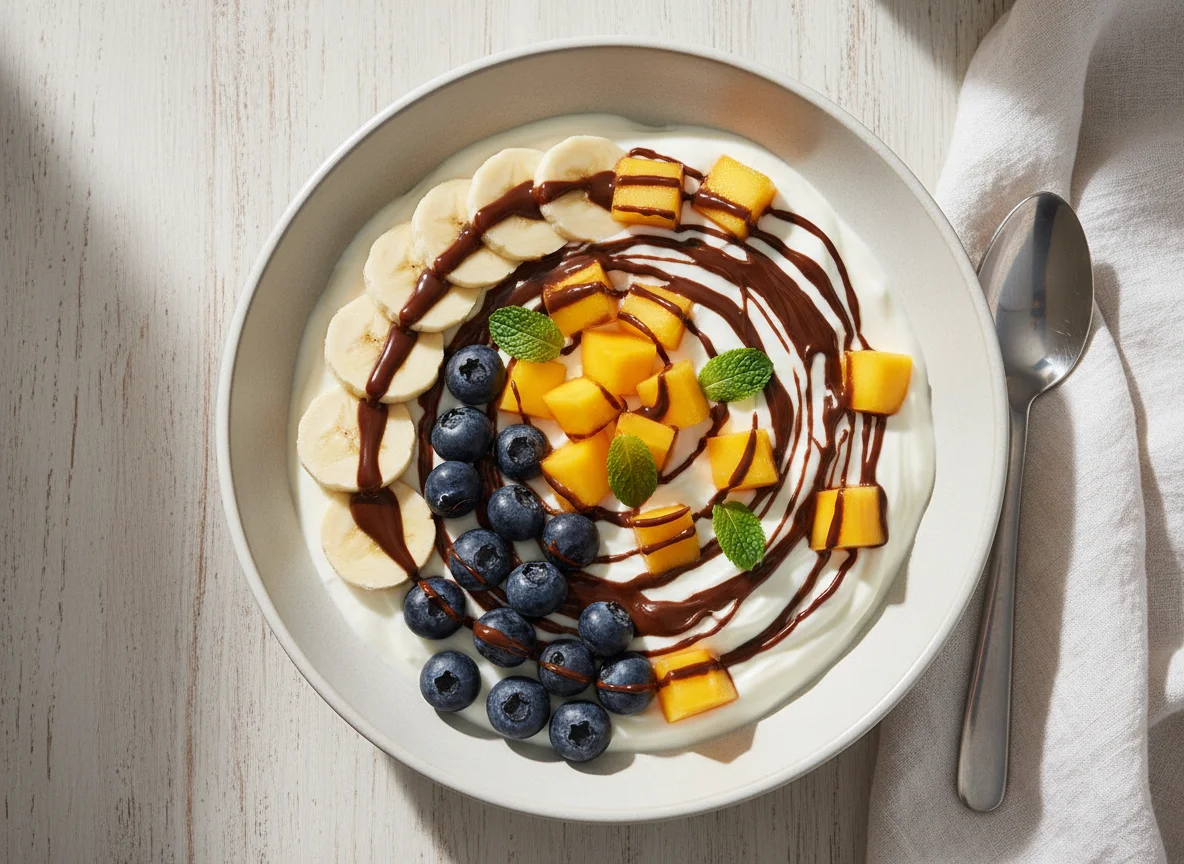 Joghurt mit Früchten und Schokoladensoße photo