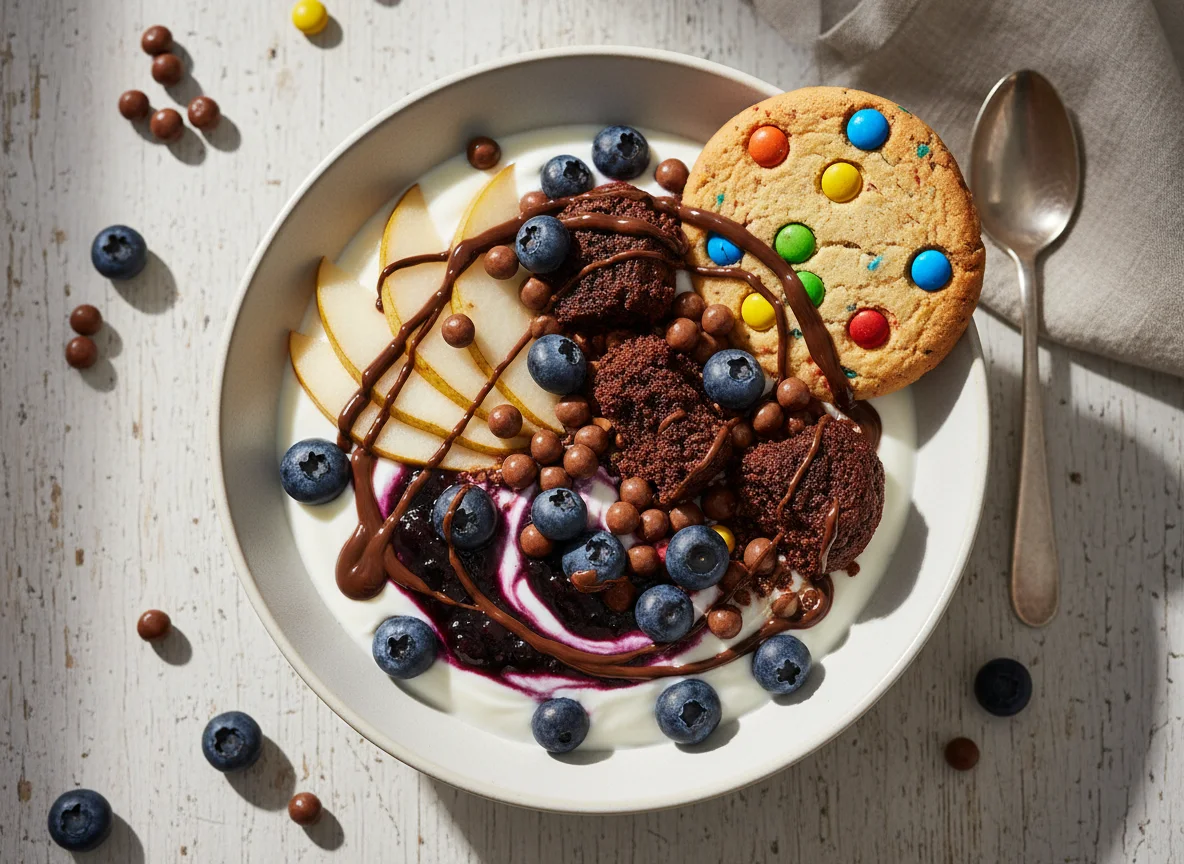 Joghurt mit Früchten und Süßigkeiten photo