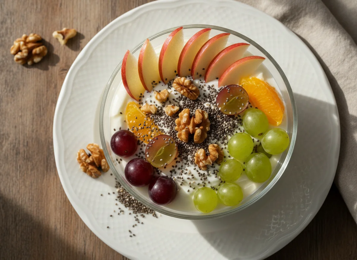 Joghurt mit Früchten, Walnüssen und Chiasamen photo